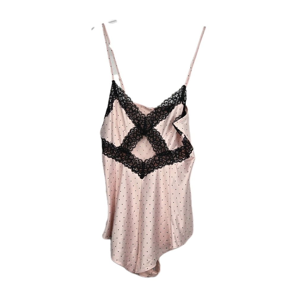 Victoria's Secret Teddy Romper Size L Pink Satin Black‎ Polka Dots Cut Out Lace